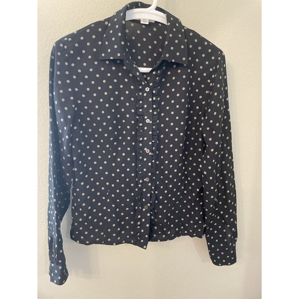 Talbots 100% Silk Blouse 6 Black and White Polka Dot Long Sleeve Collared Career